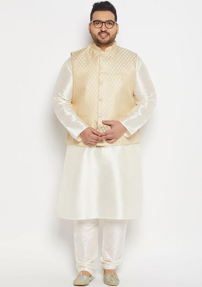 Cream Woven Poly Blend Nehru Jacket For Men