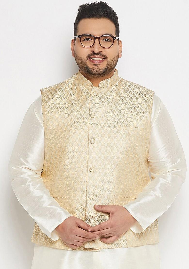 Cream Woven Poly Blend Nehru Jacket For Men