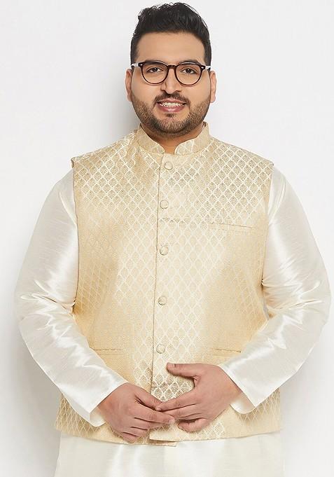 Cream Woven Poly Blend Nehru Jacket For Men — view on Indya