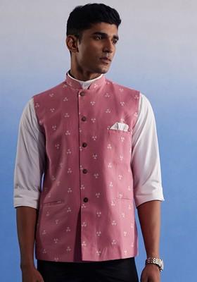 Pink Printed Cotton Nehru Jacket For Men