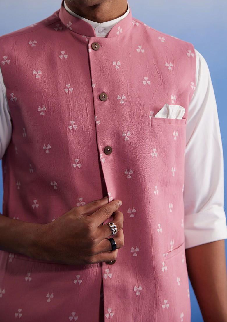 Pink Printed Cotton Nehru Jacket For Men