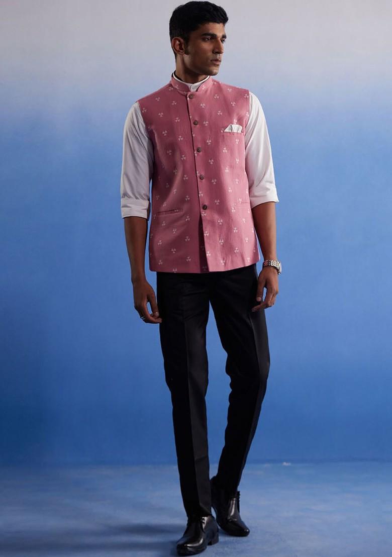 Pink Printed Cotton Nehru Jacket For Men