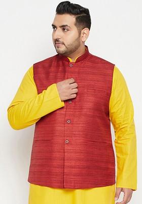 Maroon Woven Poly Blend Nehru Jacket For Men