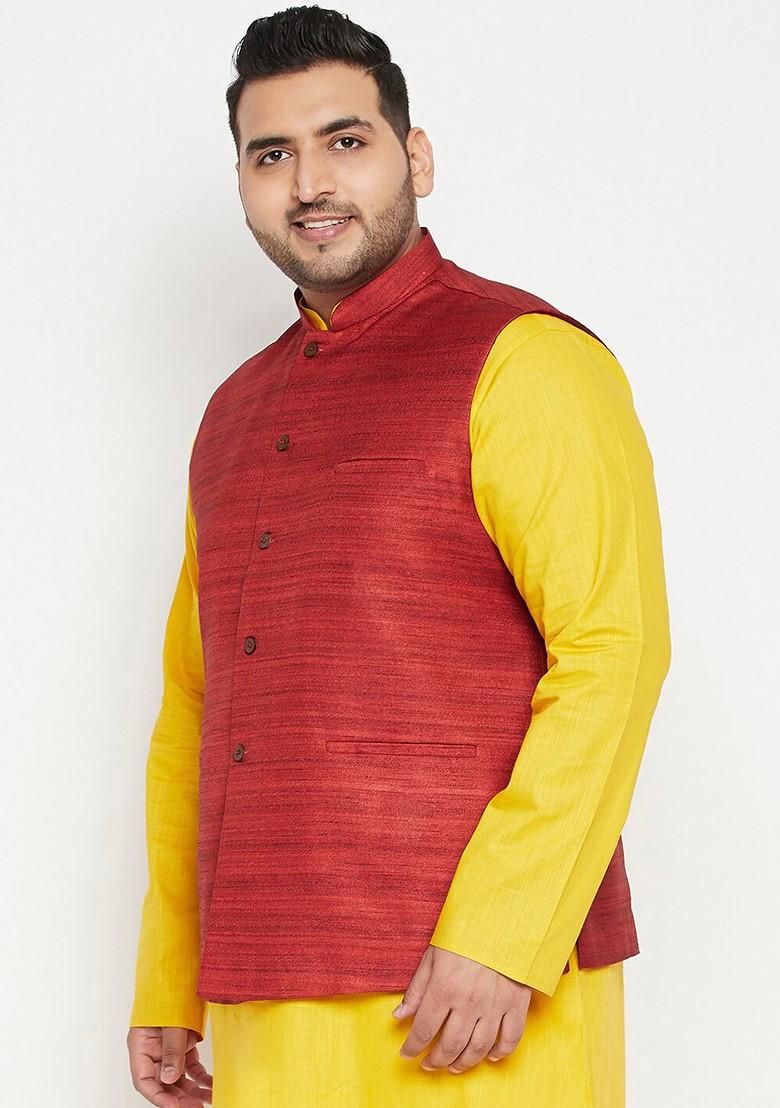 Maroon Woven Poly Blend Nehru Jacket For Men
