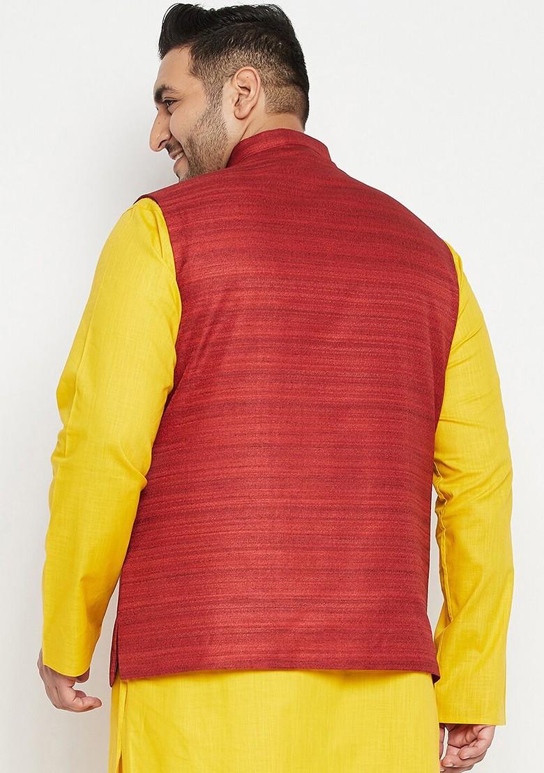 Maroon Woven Poly Blend Nehru Jacket For Men
