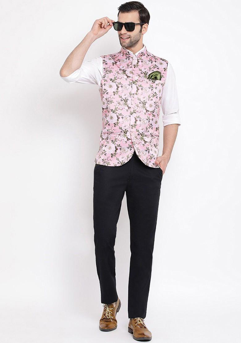 Pink Floral Print Poly Blend Nehru Jacket For Men
