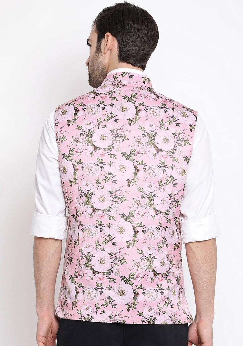 Pink Floral Print Poly Blend Nehru Jacket For Men