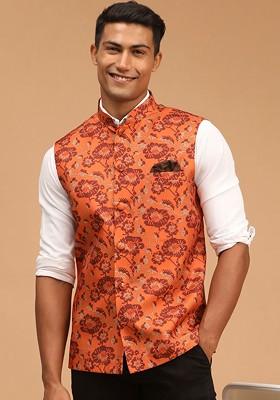 Rust Printed Cotton Nehru Jacket For Men