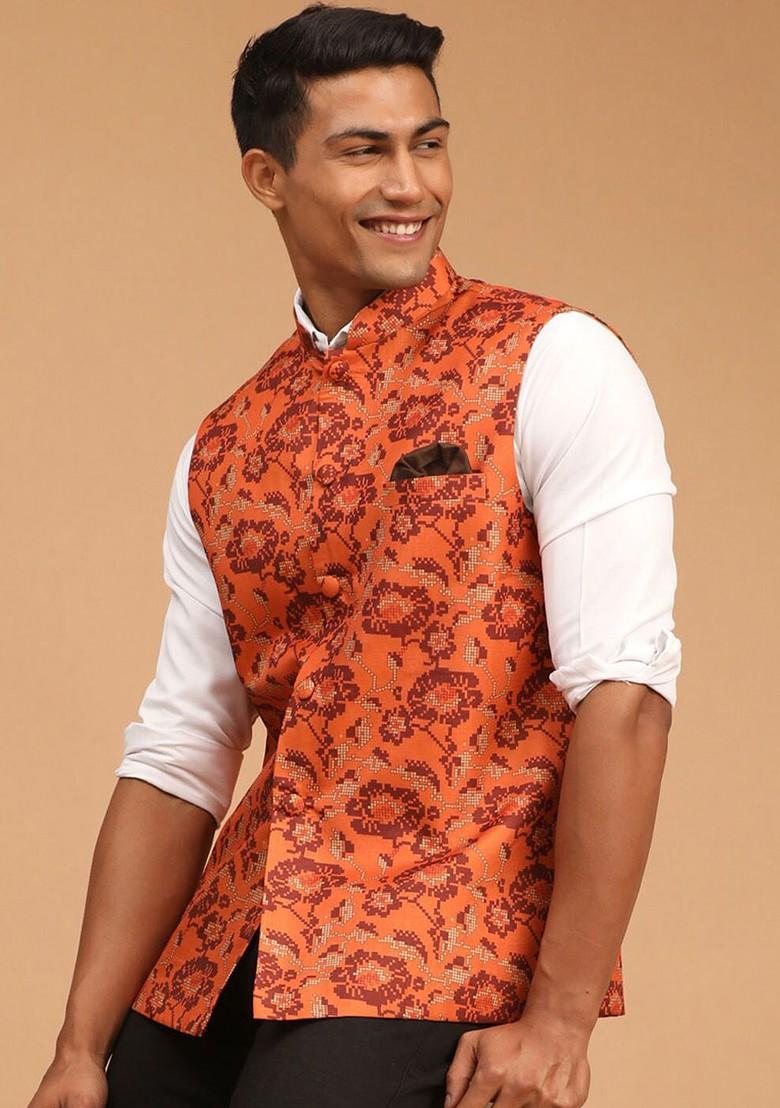Rust Printed Cotton Nehru Jacket For Men