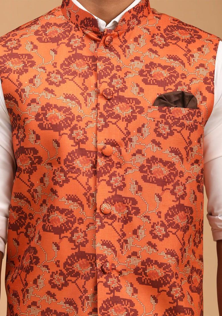 Rust Printed Cotton Nehru Jacket For Men
