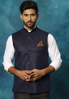 Navy Blue Woven Cotton Nehru Jacket For Men