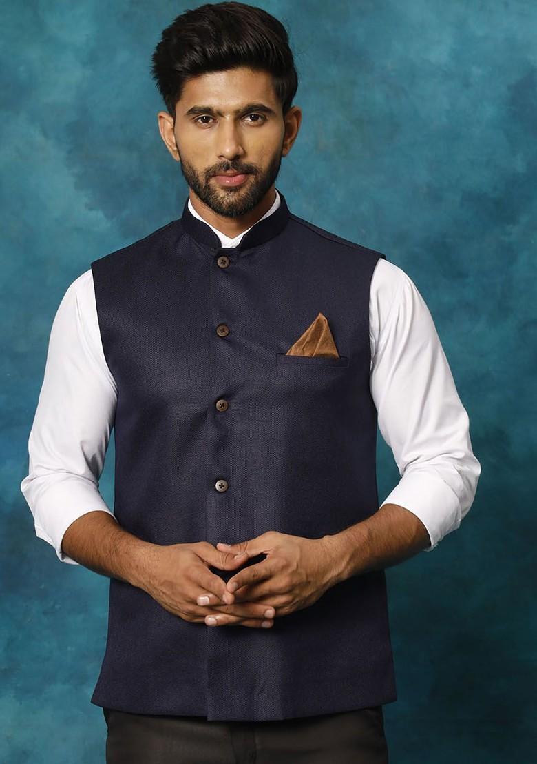 Navy Blue Woven Cotton Nehru Jacket For Men