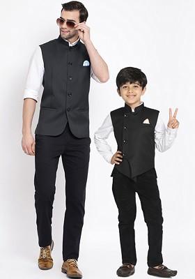 Black Woven Poly Blend Nehru Jacket For Men
