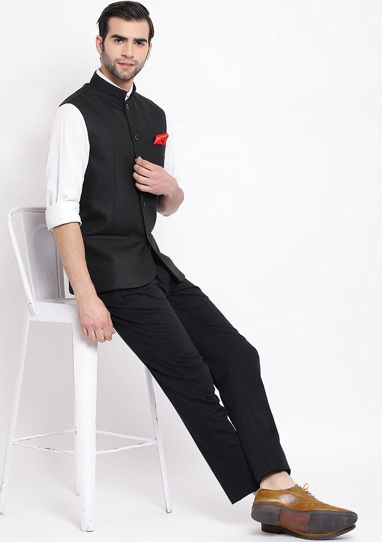 Black Woven Poly Blend Nehru Jacket For Men