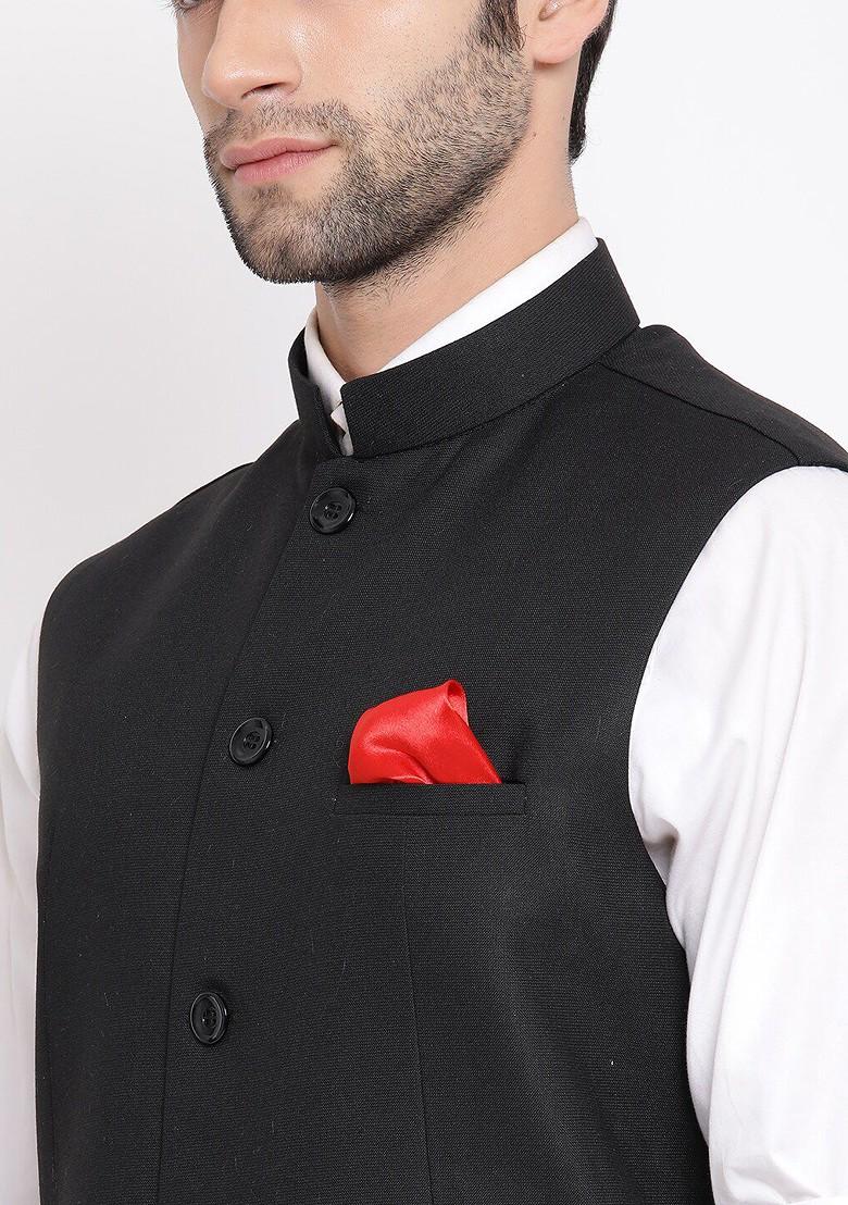 Black Woven Poly Blend Nehru Jacket For Men