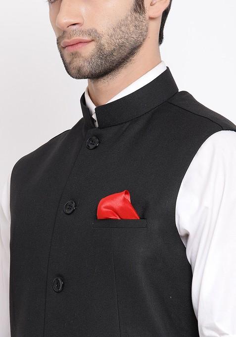 Black Woven Poly Blend Nehru Jacket For Men