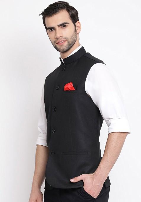 Black Woven Poly Blend Nehru Jacket For Men