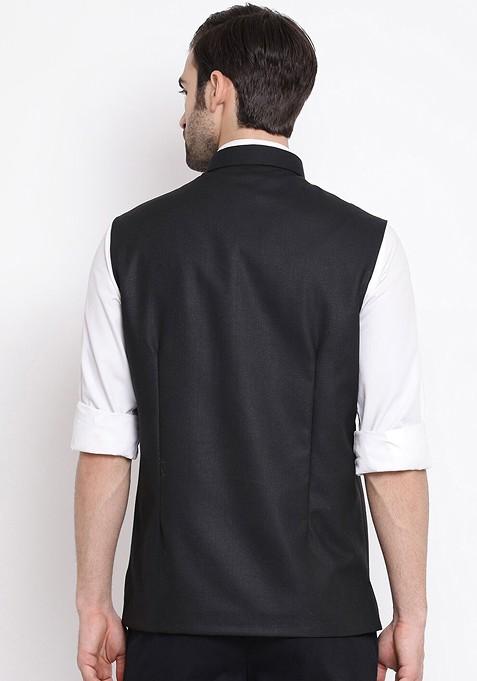 Black Woven Poly Blend Nehru Jacket For Men