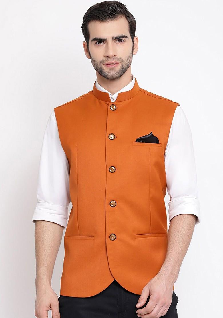 Orange Woven Poly Blend Nehru Jacket For Men