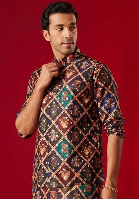 Purple Floral Print Poly Blend Nehru Jacket For Men