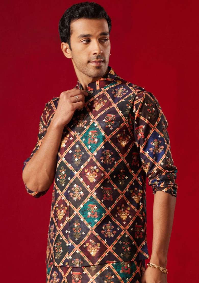 Purple Floral Print Poly Blend Nehru Jacket For Men - Indya