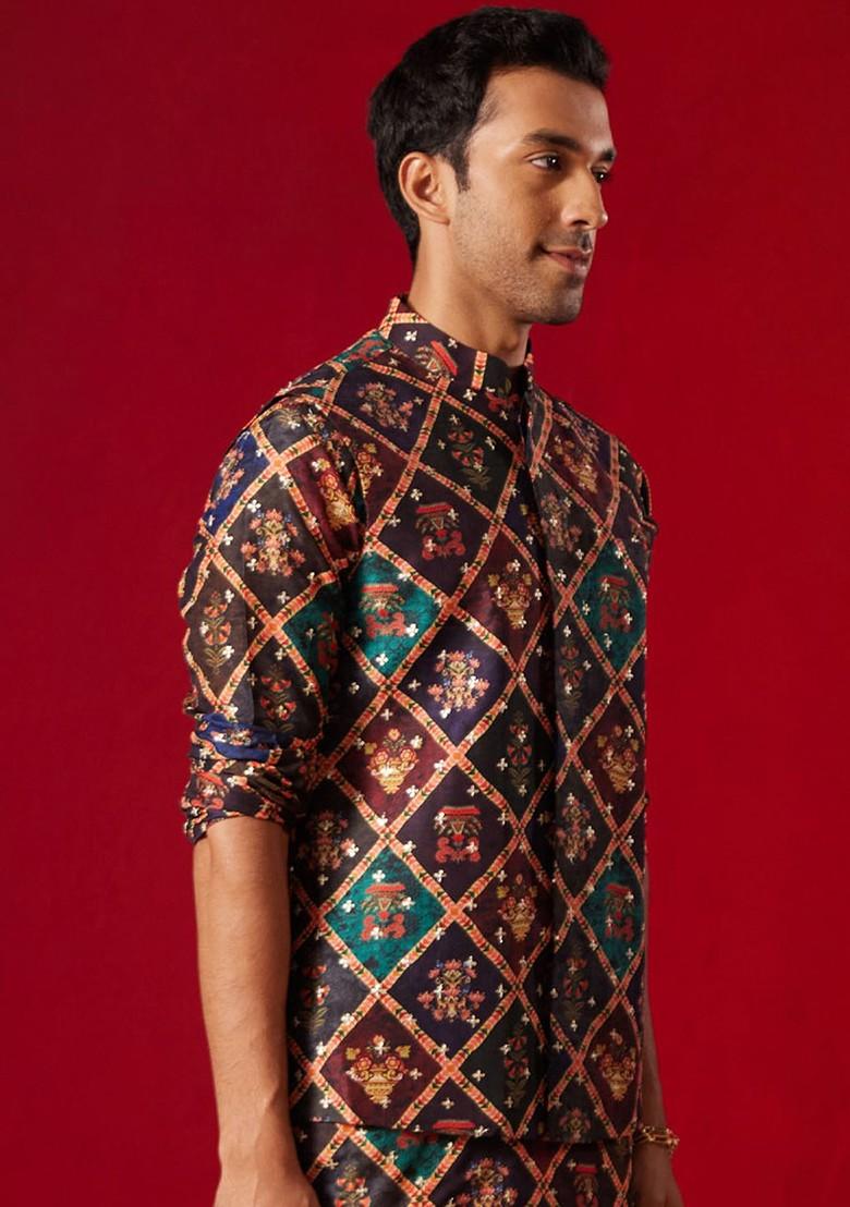 Purple Floral Print Poly Blend Nehru Jacket For Men