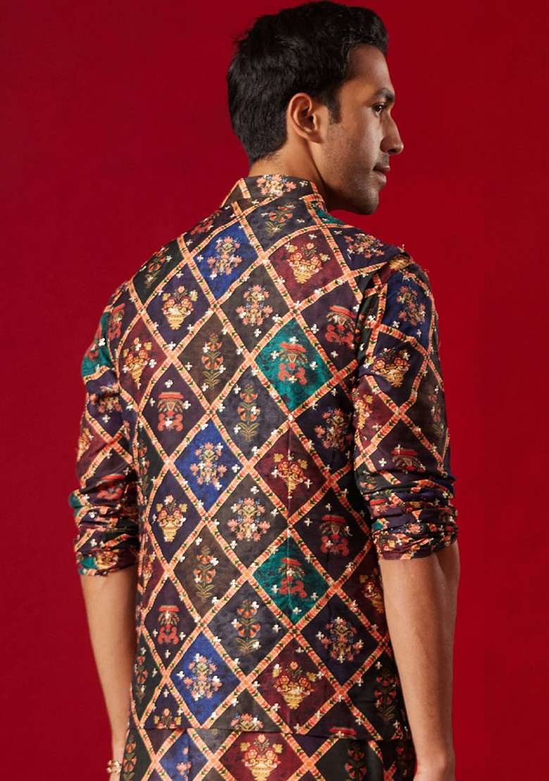 Purple Floral Print Poly Blend Nehru Jacket For Men - Indya