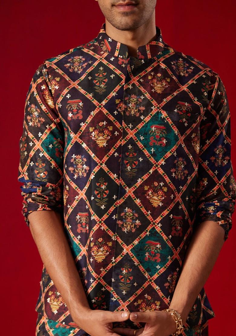 Purple Floral Print Poly Blend Nehru Jacket For Men