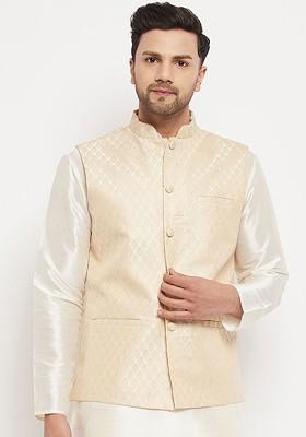 Cream Woven Poly Blend Nehru Jacket For Men