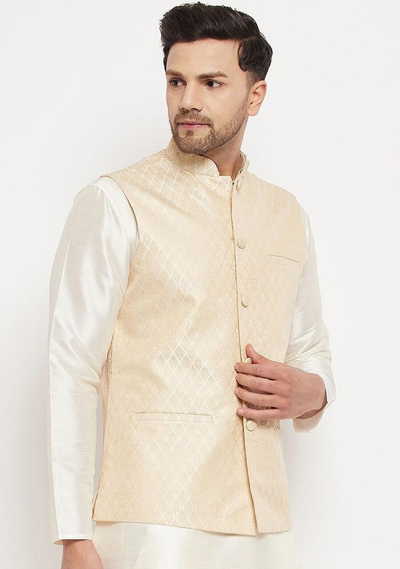 Cream Woven Poly Blend Nehru Jacket For Men