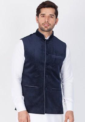 Navy Blue Solid Poly Blend Nehru Jacket For Men