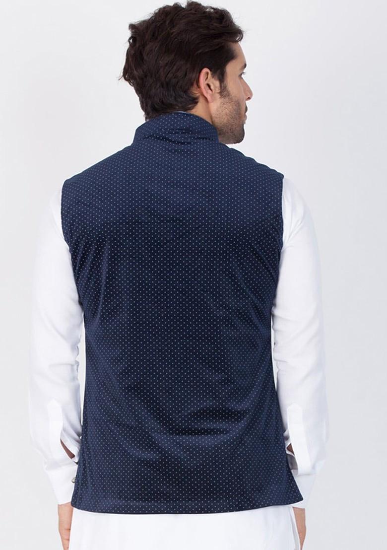 Navy Blue Solid Poly Blend Nehru Jacket For Men