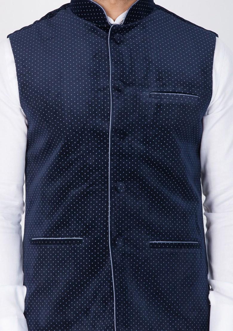 Navy Blue Solid Poly Blend Nehru Jacket For Men