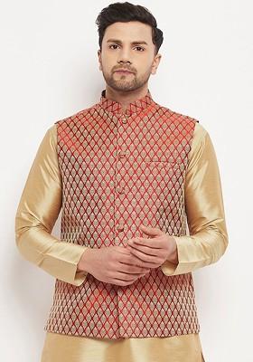 Maroon Woven Poly Blend Nehru Jacket For Men