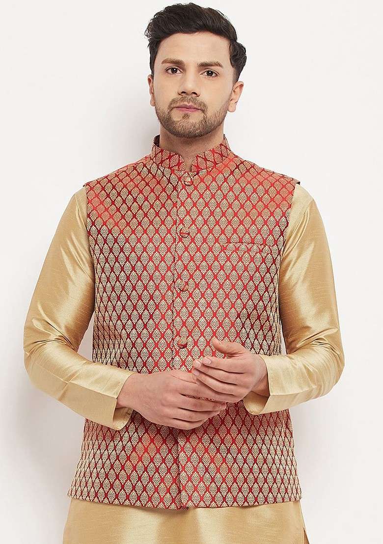 Maroon Woven Poly Blend Nehru Jacket For Men - Indya