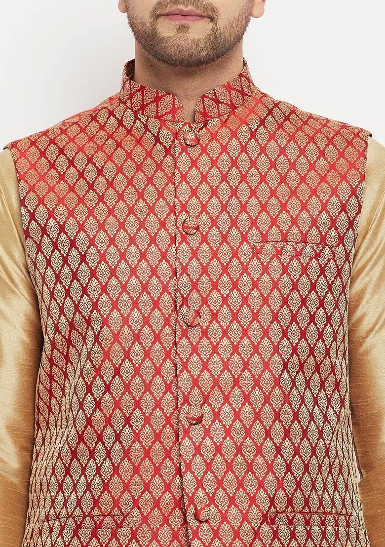 Maroon Woven Poly Blend Nehru Jacket For Men