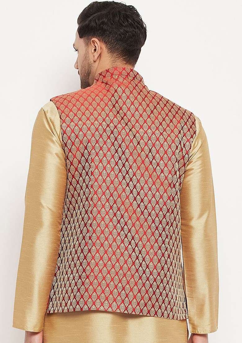 Maroon Woven Poly Blend Nehru Jacket For Men - Indya