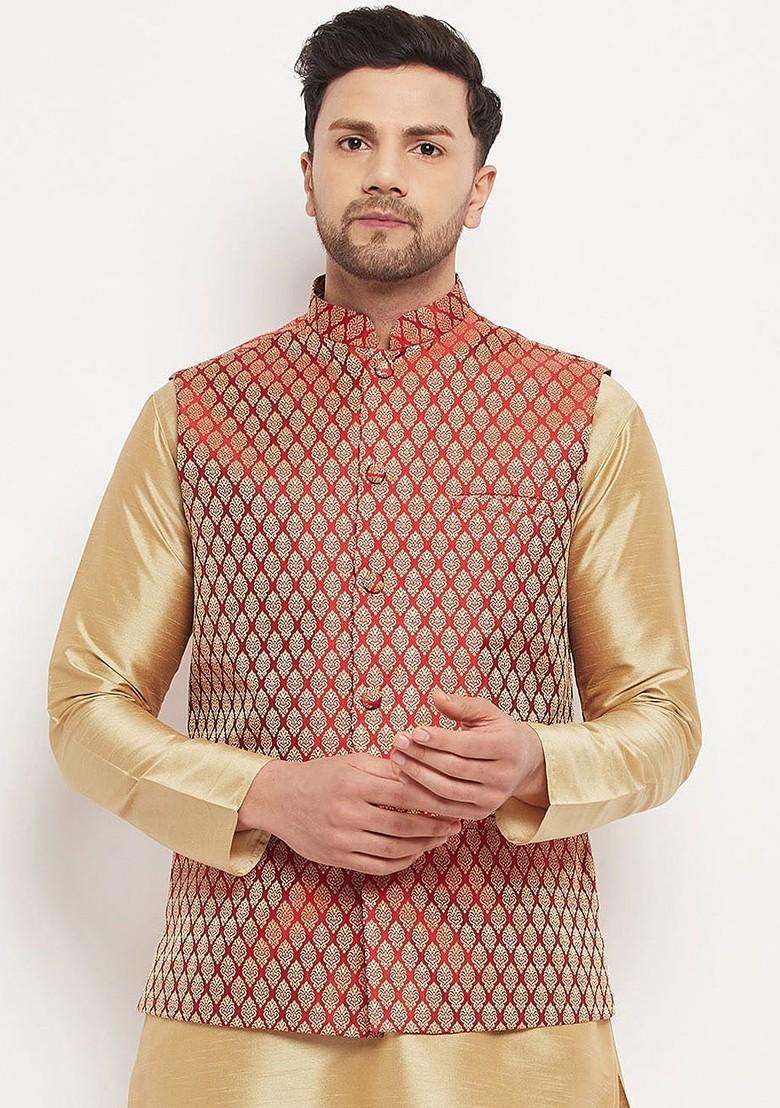Maroon Woven Poly Blend Nehru Jacket For Men