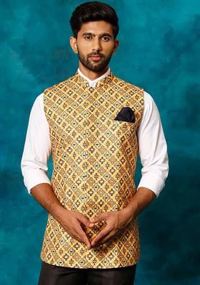 Yellow Ethnic Motifs Poly Blend Nehru Jacket For Men