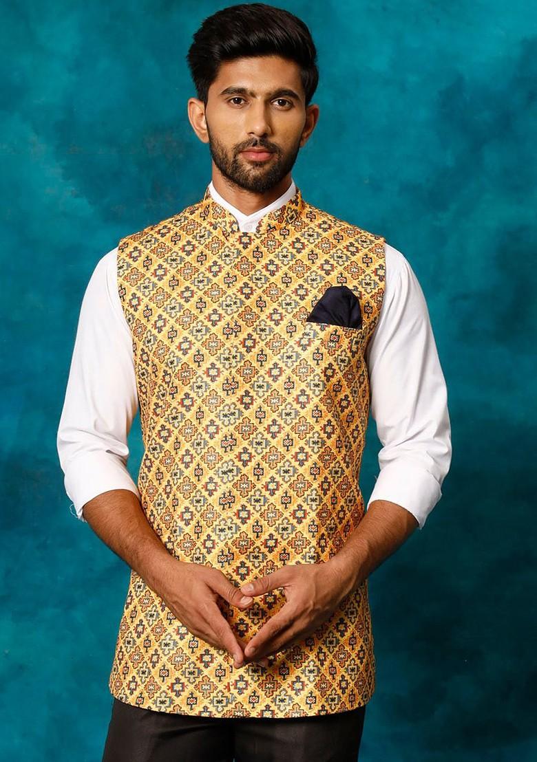 Yellow Ethnic Motifs Poly Blend Nehru Jacket For Men