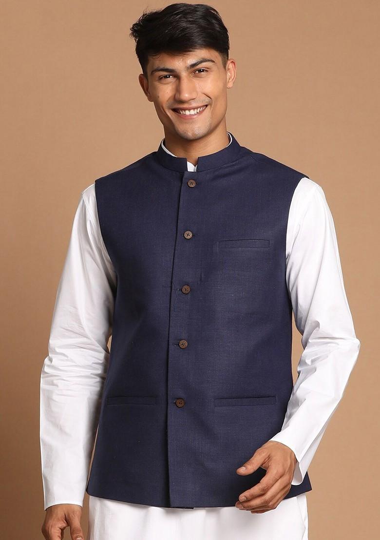 Navy Blue Solid Poly Blend Nehru Jacket For Men