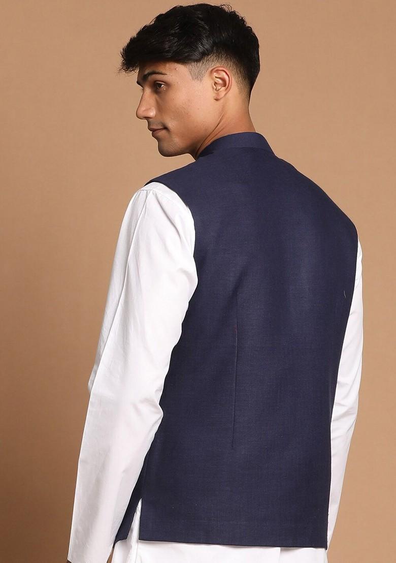 Navy Blue Solid Poly Blend Nehru Jacket For Men