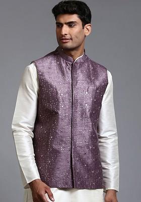 Purple Embellished Poly Blend Nehru Jacket For Men