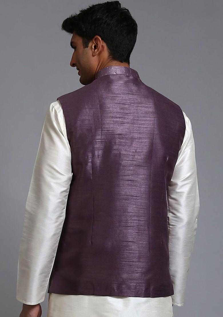 Purple Embellished Poly Blend Nehru Jacket For Men