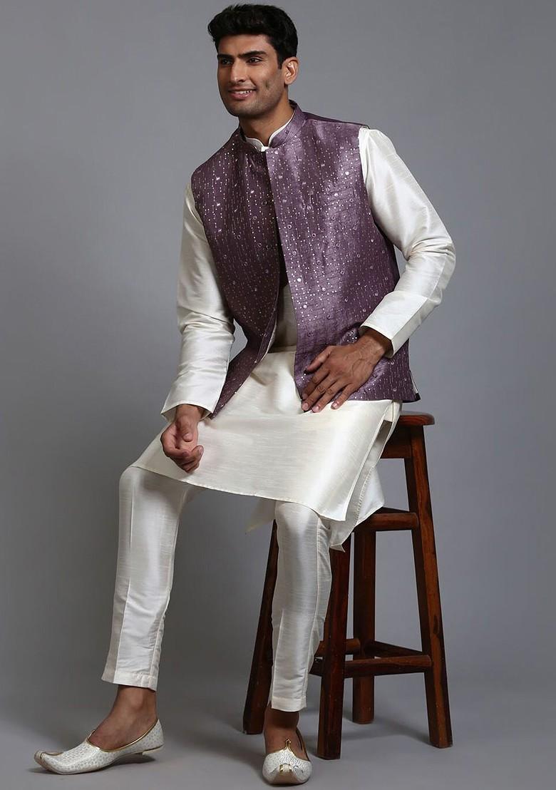 Purple Embellished Poly Blend Nehru Jacket For Men