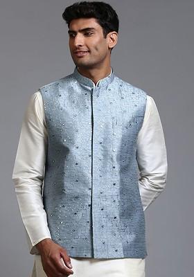 Blue Embellished Poly Blend Nehru Jacket For Men