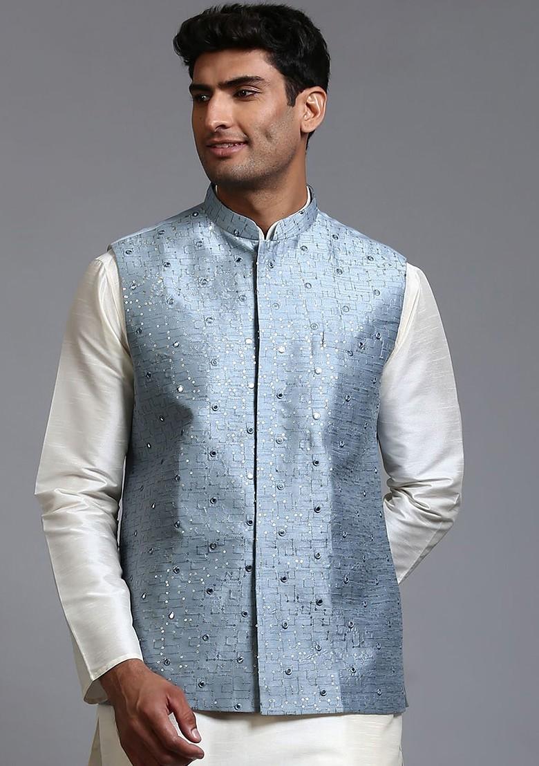 Blue Embellished Poly Blend Nehru Jacket For Men