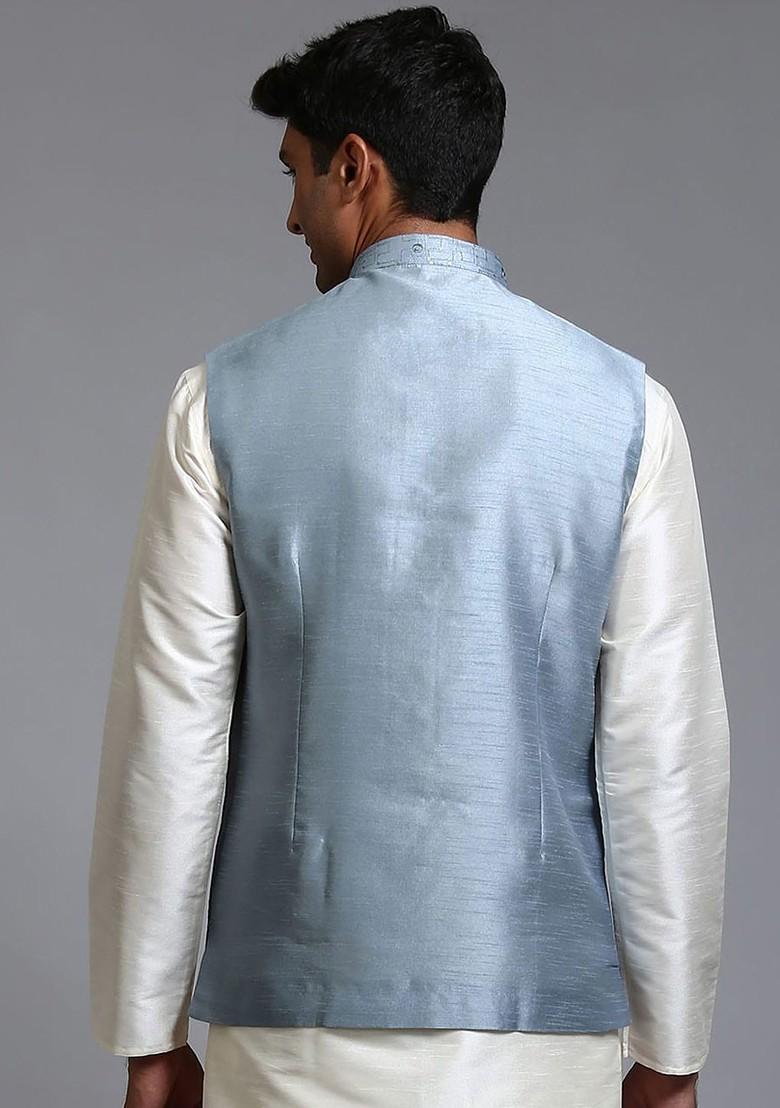 Blue Embellished Poly Blend Nehru Jacket For Men