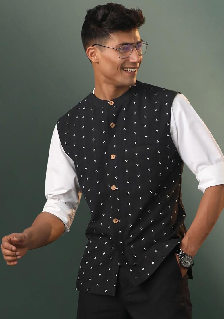 Black Printed Cotton Nehru Jacket For Men