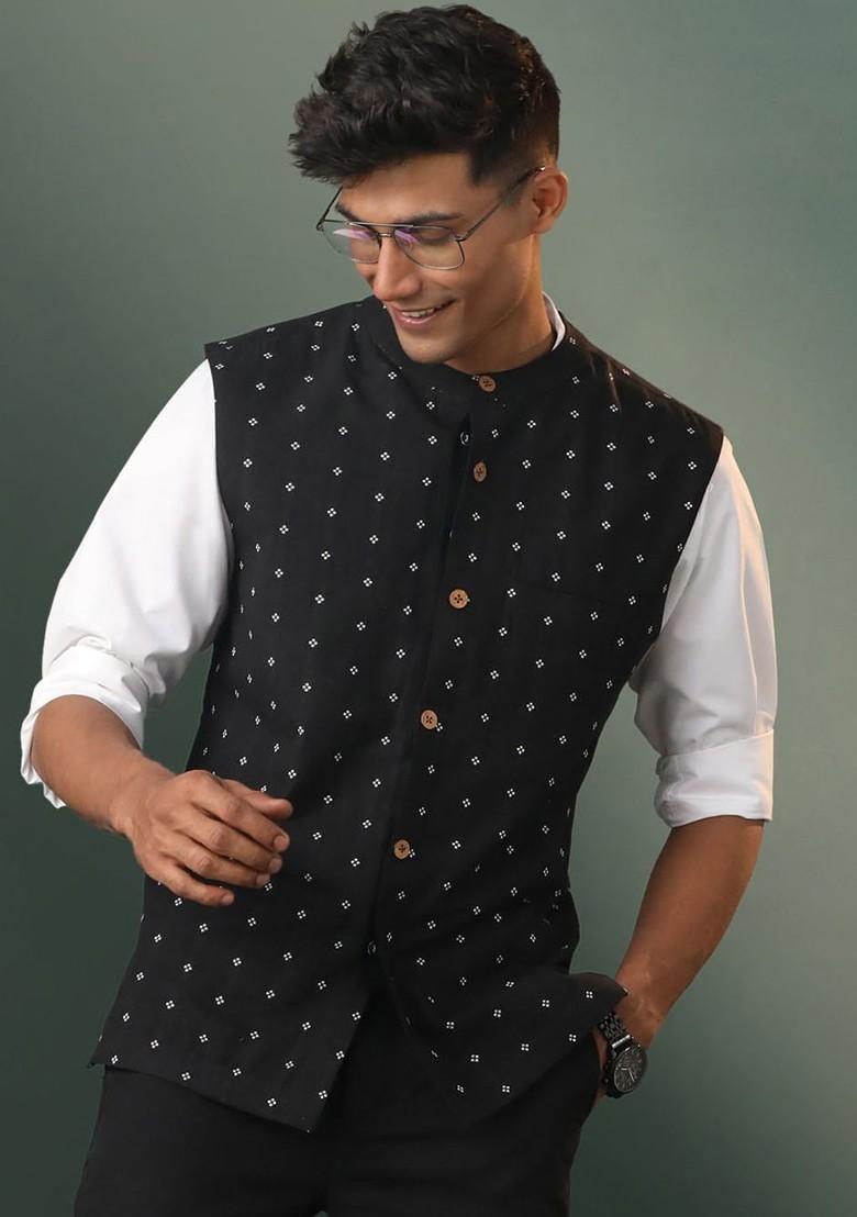 Black Printed Cotton Nehru Jacket For Men